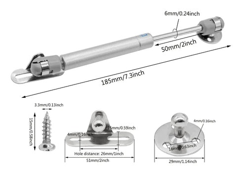 Bulletproof Six Inch Gas Struts Two Pack 30N 6.7 Lb Lift Supports for Cabinets and Closets, showing detailed measurements and install hardware.