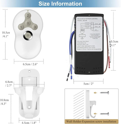 Universal Ceiling Fan Remote Control Kit Dimmable Replacement for Hunter Hampton Bay Harbor Breeze, size dimensions and components