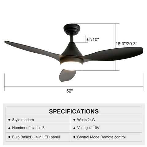 52 Inch Black Ceiling Fan With Remote And Light, Dope Modern Three Blade Fixture For Bedroom Living Room Dining Room And Patio