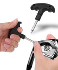 Adjustable Golf Wrench With Plastic Handle Stainless Steel Golf Driver Tool for head torque adjustment and shaft adapter compatibility shown in use.