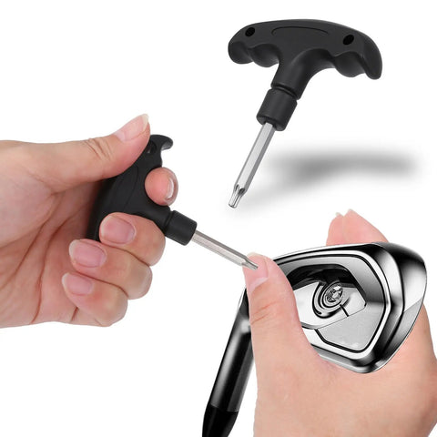 Adjustable Golf Wrench With Plastic Handle Stainless Steel Golf Driver Tool for head torque adjustment and shaft adapter compatibility shown in use.