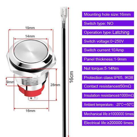 2 Pack Waterproof Latching Push Button Switch 0 To 250V Variants Including 5V 12V 24V 110V 220V 10 Amp Stainless Steel 16mm With Connector Wire Built Tough For DIY Projects And Everyday Gadgets., 16mm stainless steel latching push button switch with connector wire