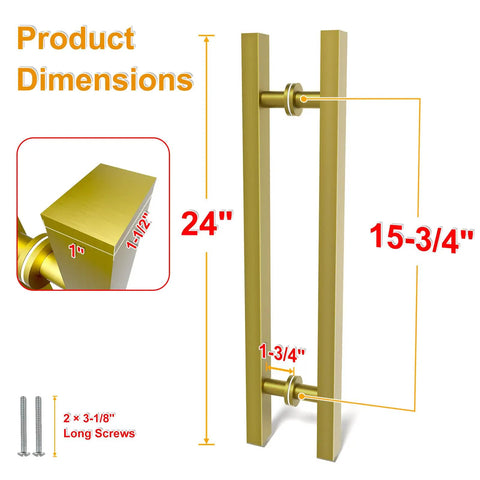 Titanium Gold Square Barn Door Handles Set Long Pull Push Double Sided For French Style Doors 24 inch dimensions diagram
