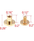 Built Tough Gold Chicago Screws, 20 Pack Heavy Duty Metal Rivets with size details and measurements for projects.