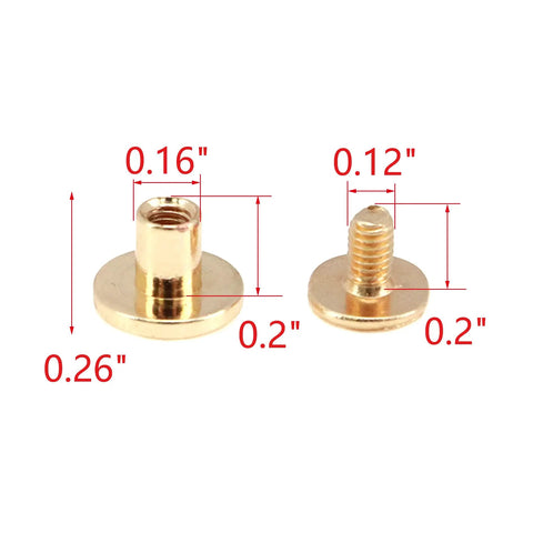 Built Tough Gold Chicago Screws, 20 Pack Heavy Duty Metal Rivets with size details and measurements for projects.