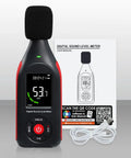 Portable Decibel Meter Data Logger With USB Export, Graph Printing, And A Weighted Sound Level Monitoring For Noise Control At Home Or Work, Fast Slow Response, Max Hold, 3 Color Alarm, Ideal For Noisy Neighbor And Factory Noise. Black meter with manual and USB cable