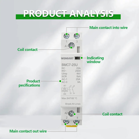 Diagram of No More Panel Buzz 25A AC DC Contactor 2 Pole 2NO showing coil contacts and specifications for installation.