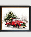 Watercolor Red Pickup Truck Wall Art Featuring a Christmas Tree in Tow for Cozy Farmhouse Holiday Decor Vibes, Unframed 11x14 Inch Print