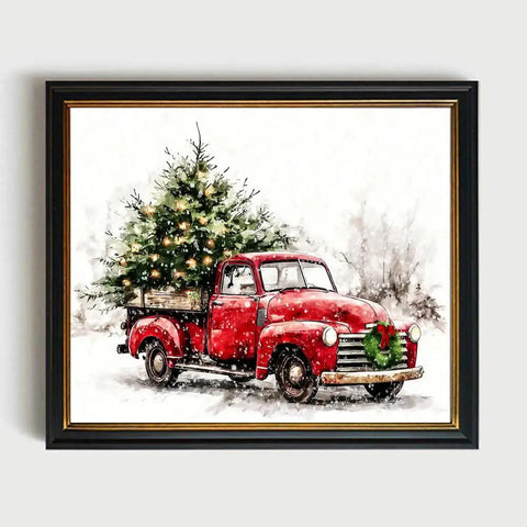 Watercolor Red Pickup Truck Wall Art Featuring a Christmas Tree in Tow for Cozy Farmhouse Holiday Decor Vibes, Unframed 11x14 Inch Print