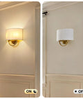 Vintage Linen Fabric Brass Gold Wall Sconce Light for Hallway, Bedroom, on and off display with linen shade.