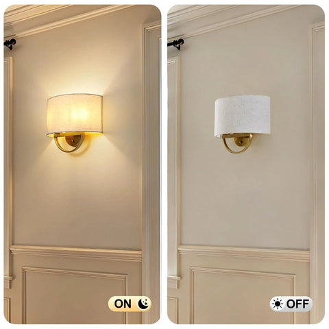 Vintage Linen Fabric Brass Gold Wall Sconce Light for Hallway, Bedroom, on and off display with linen shade.