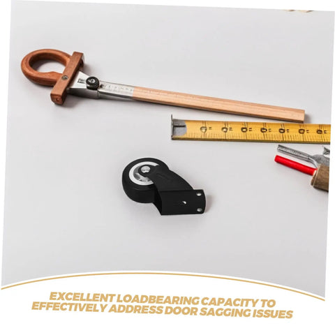 Heavy Duty Folding Barn Door Hardware Kit With Silent Bearing Casters Runs Dead Quiet Sliding Roller System For Closet Wardrobe showing a black caster wheel and measurement tools.