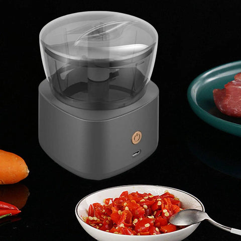 DimyFew Portable Electric Meat Grinder With Stainless Steel Blade And Non Slip Handle, compact food processor with clear lid.