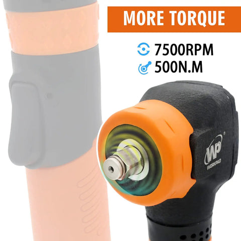 Close-up of Half Inch Air Angle Impact Wrench With 370 Ft Lb Torque Ultra Compact 9.78 Inch Handle Lightweight 3.1 Lb Pneumatic Tool