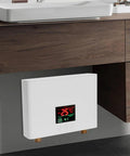 Hassle Free 3000W Electric Tankless Water Heater For Under Sink Mount with digital display, mounted under a bathroom sink.