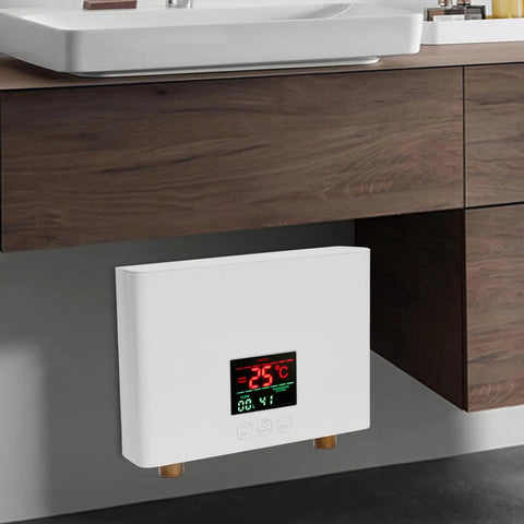 Hassle Free 3000W Electric Tankless Water Heater For Under Sink Mount with digital display, mounted under a bathroom sink.