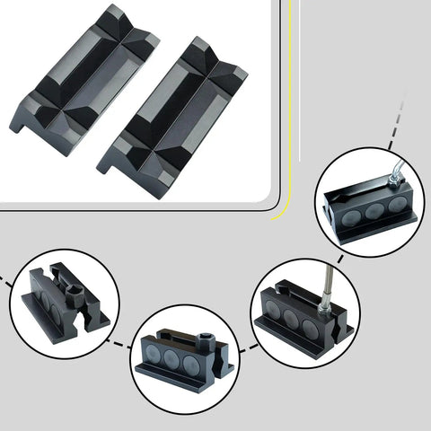 Four Inch Magnetic Vise Jaw Pads Made From Boss Level Billet Aluminum With A Slick Anodized Coating, view of two pads with grooves.