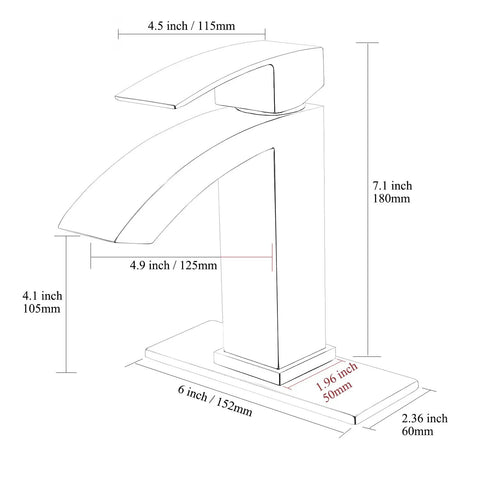 Gold Bathroom Faucet With Square Design Single Handle Waterfall Faucet For Single Hole Install Includes Brushed Brass Finish Metal Pop Up Drain And Deck Plate Fingerprint Resistant Premium Durable Brass Construction diagram showing dimensions.