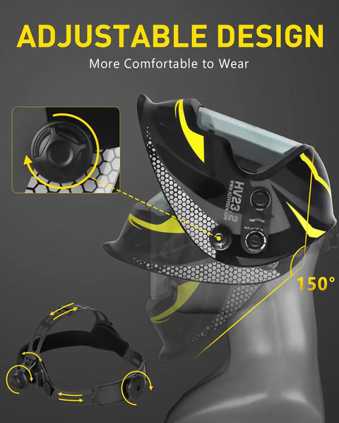 Adjustable Auto Darkening Welding Helmet With Giant 3.94x3.82 Inch Viewing Screen, side view and comfort features displayed.