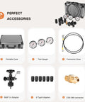 Hydraulic Nitrogen Accumulator Pressure Test Kit With 3 Gauges And 7 Adapters For 10 25 40 MPa And 1500 3600 6000 PSI Gas Charging Tools Pro Grade Multitool For Nitrogen Charging And Pressure Testing, including accessories like gauges, hoses, and connectors displayed.
