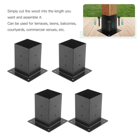 Kickass Heavy Duty Steel Bracket Kit For DIY Elevated Wood Stand Outdoor Projects Black Powder Coated Rust Resistant Hardware Set Eight Piece Pack For Deck Builds, set of four square steel brackets.