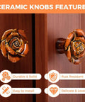 6 Pack Vintage Ceramic Cabinet Knobs Rose Flower Drawer Pulls For Furniture Kitchen Dresser Closet With Screws Orange Antique Cupboard Handles DIY Friendly Install Retro Style Durable Finish For Long Lasting Beauty installed on wooden cabinet showing design and features.