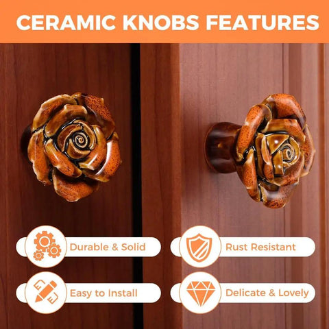 6 Pack Vintage Ceramic Cabinet Knobs Rose Flower Drawer Pulls For Furniture Kitchen Dresser Closet With Screws Orange Antique Cupboard Handles DIY Friendly Install Retro Style Durable Finish For Long Lasting Beauty installed on wooden cabinet showing design and features.