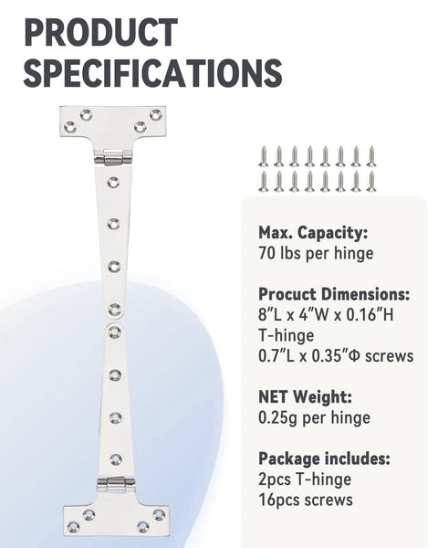 Heavy Duty 316 Marine Grade Stainless Steel T Hinges 8 By 4 Inches with mounting screws for outdoor hardware use.