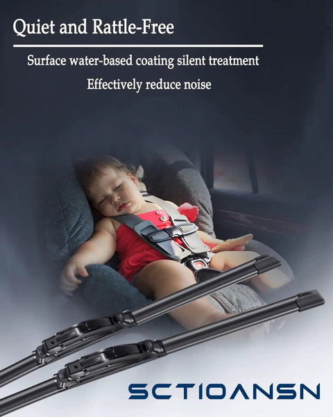 Top Tier All Season Windshield Wiper Blades 22 Plus 22 Inch Pair with quiet treatment, resting child in car seat, reduced noise.