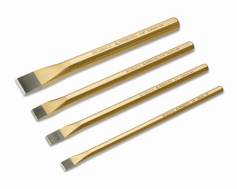 4 Piece Cold Chisel Set With Eight Inch Chisels In Seven Eighths, Three Eighths, Half, And Nine Sixteenths Inches, tools on white background