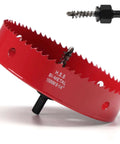6-1/4 inch bi-metal hole saw for recessed lighting, red with arbor, angled front view