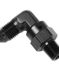 4AN Male Flare To 1 Eighth NPT Pipe Swivel Fitting Adapter Connector Aluminum Black High Flow Performance Pro Grade Anodized Aluminum Body Full Swivel Head For Easy Angle Adjustment 90 Degree For Liquid Or Gas Applications, black 90-degree swivel fitting