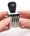 Everyday Kickass Six Digit Rubber Number Stamp Featuring Auto Rolling Dial For Quick Numbering Precise Date Stamping And Heavy Duty Office Project Grind held in hands showing dials.