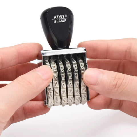 Everyday Kickass Six Digit Rubber Number Stamp Featuring Auto Rolling Dial For Quick Numbering Precise Date Stamping And Heavy Duty Office Project Grind held in hands showing dials.