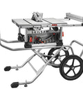 Tough Workhorse 10 Inch Worm Drive Table Saw With Rolling Stand And Precision Fence That Cuts Like Butter For Deep Slicing And Fast Rip Work In Garage Shops on a wheeled stand.