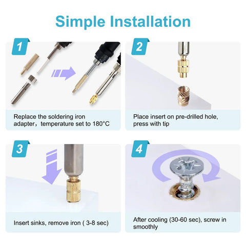 Brass Heat-Set Threaded Inserts Kit For 3D Printing M2-M6 With Tool installation steps, includes adapter and knurled nuts
