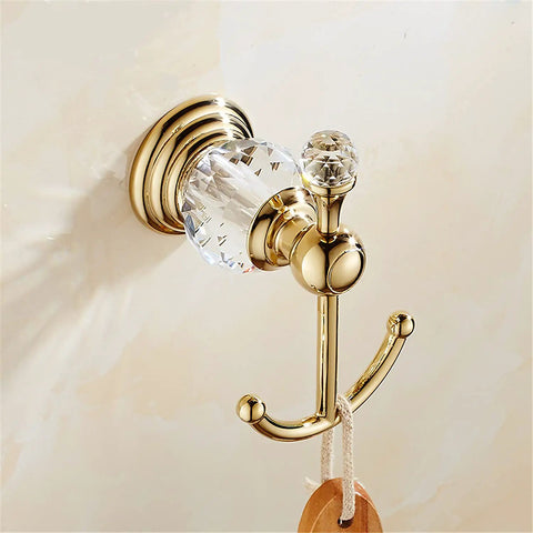 Gold Crystal Bathroom Accessories 4 Piece Set With Towel Bar Adjustable From 18.5 To 30.8 Inches, Toilet Paper Holder, Towel Ring, Coat Hooks, Crystal Ball Base, Wall Mounted For A Sleek Shiny Luxe Look - crystal ball coat hooks detail