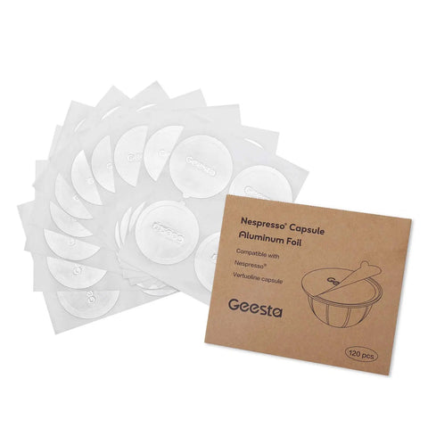 Reusable Aluminum Foil Seals Lids For Nespresso VertuoLine Capsules, 120 Count, displayed with packaging.