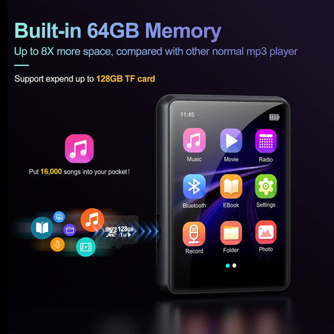 Bluetooth 5.3 MP3 Player With Dope HiFi Lossless Sound, built-in 64GB memory, shown with app icons and 128GB TF card expansion