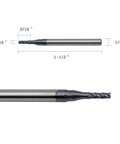 Carbide square end mill, 4-flute, 1/16 in dia; 1-1/2 in overall length with 1/8 in shank; side view with dimension marks