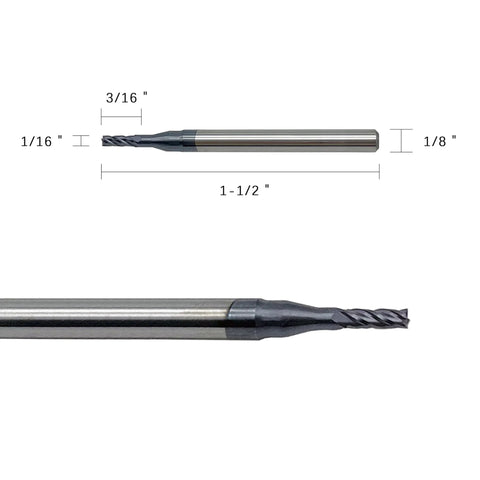 Carbide square end mill, 4-flute, 1/16 in dia; 1-1/2 in overall length with 1/8 in shank; side view with dimension marks
