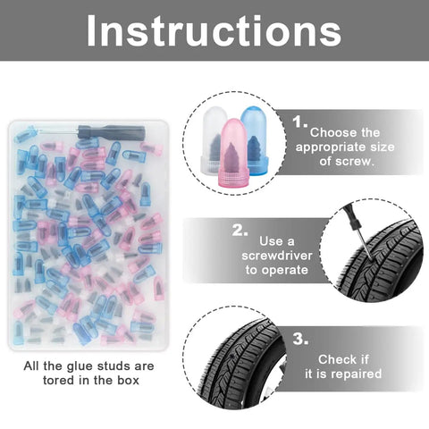 Instructions showing 100 Piece Tire Repair Screws Kit With Screwdriver For Cars Trucks And Motorcycles Tire Plug Kit step by step process
