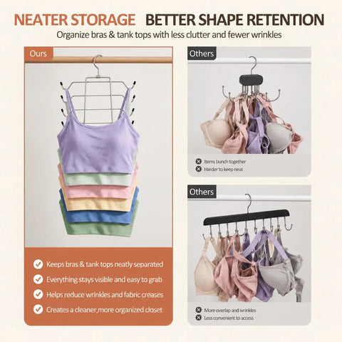 No Sweat Bra Hanger Rack And Tank Top Storage System Featuring 24 Sturdy Metal Hooks for organizing bras and tank tops.