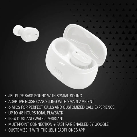 White Tune Buds 2 True Wireless Earbuds With Noise Canceling, Dope Spatial Sound, Smart Ambient Tech in charging case, black background