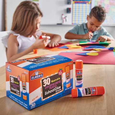 Kids crafting with Disappearing Purple School Glue Sticks 7 Grams, 30 Count Pack For Classrooms, Mess-Free, Washable, Dries Clear.