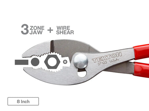 8 Inch slip joint pliers with three-zone jaw and wire shear feature, Slip Joint Pliers Set Three Piece Six And A Half Inch Eight Inch And Ten Inch With Universal Jaws For Gripping Multiple Shapes And Wire Nut And Bolt Tension Adjustment Slim Non Slip Grips Made In USA.