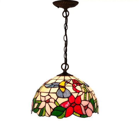 Old School Tiffany Hummingbird Amber Stained Glass Pendant Light Fixture With 12 Inch Wide Shade And 32 Inch Chain Hanging Lamp