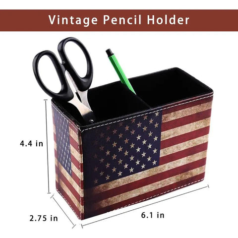 Top Shelf American Flag Desk Organizer Built With Premium Pu Leather And Retro Vintage Style That Brings Sick Vibes To Any Room As Sharp Pen And Pencil Holder For Office Or Home Decor Supplies with scissors and pen.