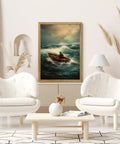 Framed Stormy Ocean Rowing Poster Canvas Print Art Vintage Contemporary Wall Decor in modern living room with neutral tones