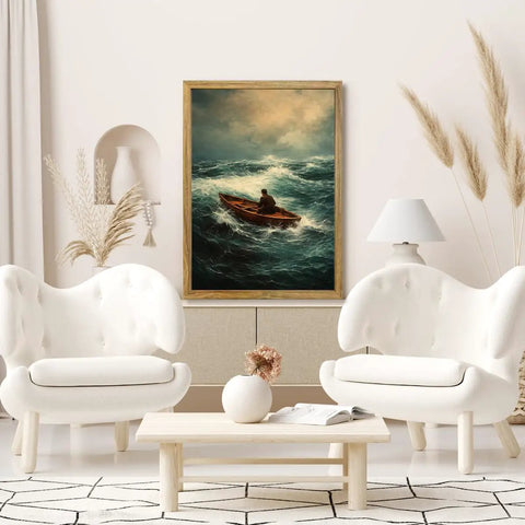 Framed Stormy Ocean Rowing Poster Canvas Print Art Vintage Contemporary Wall Decor in modern living room with neutral tones